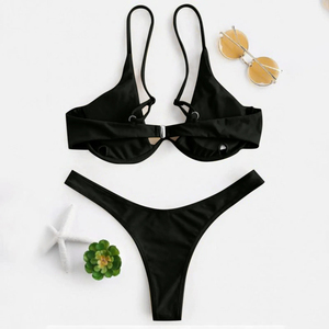 Ensemble bikini rouge pour femmes, haut croisé à lacets, bas string, couleur unie, maillot de bain extensible, deux pièces - Product Image 2