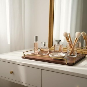Luxury Acacia Wood Modern Eco-friendly Serving Tray with Gold Metal Handles Rectangular Ottoman Coffee <b>Table</b> Home Decor - Product Image 4