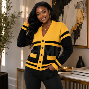 HMR Women <b>Acrylic</b> Women's Yellow Black Contrast Color <b>Block</b> Knitted V-neck Long Sleeve Cardigan Preppy Style All Season Wear - Product Image 3