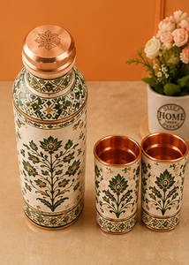 Juego de Botella y Taza de Agua de Cobre con Diseño Floral Verde de Lujo, Botella de Cobre Estampada a Mano con Vasos a Juego, Diseño Botánico - Product Image 4