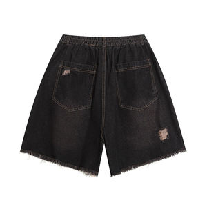 Pantalones cortos de mezclilla para hombre, de cintura media, rasgados, estilo casual, con cintura elástica, lavado a la piedra, dobladillo deshilachado, estilo tejido de poliéster - Product Image 5