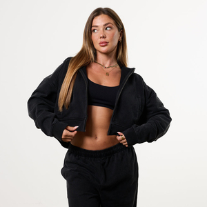Women's Oversized Black <b>Zip</b>-<b>Up</b> <b>Cropped</b> Sweatshirt Regular Sleeve Knitted Solid Color Breathable Autumn Casual Workout Top - Product Image 1