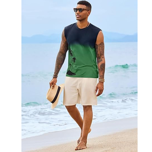 Men's Gradient Sleeveless Tank Top O-Neck Palm <b>Tree</b> Print Casual Breathable Knitted Polyester Shirt - Product Image 4