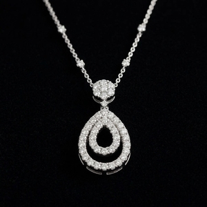 Collier pendentif en or blanc massif 10K avec double halo de diamants en forme de poire, diamant de laboratoire, pendentif en forme de grappe de fleurs, chaîne de station - Product Image 4