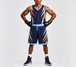 Ensemble de maillot de basket-ball bleu et orange pour homme, short et débardeur en polyester respirant pour l'entraînement de boxe, à porter toute l'année - Product Image 1