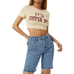 Camiseta Corta Ajustada con Cuello Redondo para Mujer, Impresión y Bordado Personalizados, Ropa Urbana, Tela Premium, Mangas Cortas - Product Image 1