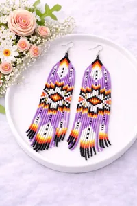 Pendientes de flecos con cuentas moradas de moda, pendientes largos colgantes hechos a mano con cuentas de semillas de estilo bohemio tribal PARA BODA, FIESTA - Product Image 4