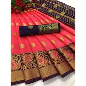 SOFT LICHI SEDA SAREE ZARI TEJIDO TRABAJO CON RUNNING CONTRAST DISEÑADOR JACQUARD BLUSA FIESTA ROJO - Product Image 1