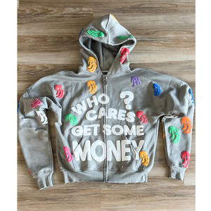 เสื้อฮู้ดดี้สีเทาสำหรับผู้ชาย ซิปหน้า พิมพ์ลาย Who Cares Get Some Money สไตล์สตรีทแวร์ ทรงโอเวอร์ไซส์ ใส่สบาย ผ้าถักนิตติ้ง คอตตอน ใส่ได้ในฤดูใบไม้ร่วง - Product Image 1