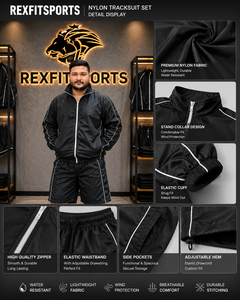 REXFIT SPORTS 2026 Ensemble coupe-vent en nylon noir pour homme – Veste à col montant entièrement zippée et short à cordon de serrage – Tenue de sport personnalisée - Product Image 6
