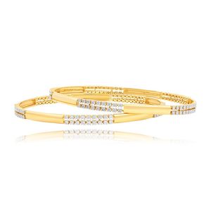 กำไลข้อมือคู่ทรงกลมประดับเพชรเพาะเลี้ยงทรงกลมสองแถว ทองคำ 14K สีเหลือง - Product Image 4