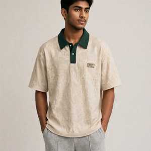 Camiseta de Golf para Hombre, Color Beige, Tejido Waffle, Secado Rápido, Manga Corta, Cuello Verde, Color Sólido, Estilo Casual - Product Image 4