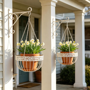 Pot de fleurs suspendu en métal blanc avec bordure décorative antique, chaîne de suspension et crochet pour balcon, patio, jardin - Product Image 4