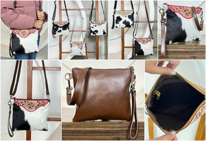 Sac bandoulière en cuir de vachette avec rabat floral travaillé à la main et bordure rose, style bohème, sacs à main pour femmes - Product Image 3