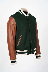 Wholesale Custom Embroidered Varsity Jacket Men Women Green <b>Wool</b> Body <b>Brown</b> Leather Sleeves Striped Rib Knit Classic Letterman - Product Image 3