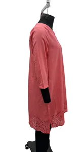 Pink Muslim Casual <b>Dress</b> Women Linen Cotton Twill <b>Tunic</b> <b>Dress</b> V-neck Button Front Eyelet Hem <b>Summer</b> Wear - Product Image 3