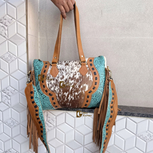 New Stylish Pattern Western Cowhide Leather Hand Tooled Carving Leather Fringe Tote Bag Stylish Purse Leather Bags for Women's - Product Image 1