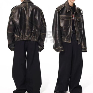 Custom Washed Leather <b>Winter</b> Men's <b>Quilted</b> Jacket Stand Collar High Quality Fashion Windbreak - Product Image 3