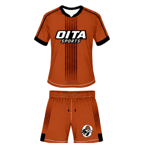 ชุดรักบี้สีส้มไหม้ดำ เสื้อเจอร์ซีย์คอกลมแขนสั้นพร้อมกางเกงขาสั้นเข้าชุด ระบายอากาศได้ดี ชุดยูนิฟอร์มกีฬาสำหรับฝึกซ้อมทีม - Product Image 1