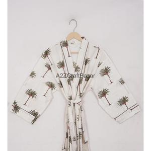 Kimono léger en coton 100% fait main, respirant, imprimé floral, pour l'été, le spa, la baignoire, décontracté, romantique, longueur intégrale, pour la nuit et le sommeil - Product Image 3