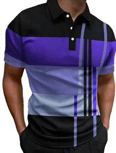 Polo de Manga Corta para Hombre, Diseño Geométrico con Bloques de Color, Tejido Transpirable, 100% Poliéster, Corte Regular, Venta al Por Mayor - Product Image 2