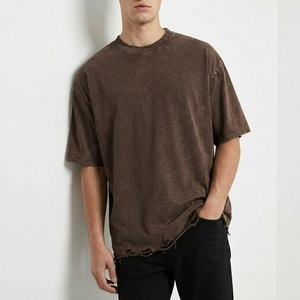 T-shirt vintage délavé et vieilli, coupe oversize, en coton épais, style streetwear décontracté, coupe carrée, pour usage quotidien - Product Image 2