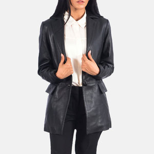 Chaqueta Blazer de Cuero Genuino Negro para Mujer, Corte Entallado, Piel de Oveja Premium, Dos Botones, Formal, Casual, de Negocios, Abrigo Largo - Product Image 1