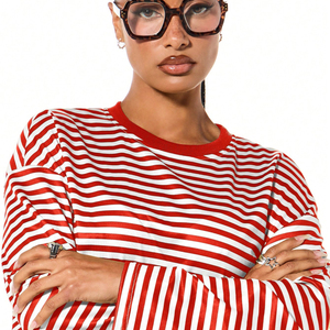 Camiseta de Mujer Personalizada a Rayas, Manga Larga, Bloques de Color, Corte Holgado, Tejido Transpirable de Lona, 100% Algodón, Camiseta de Verano para Mujer - Product Image 5