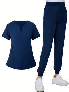 Ensemble de Blouse et Pantalon Médical Femme Rouge Haute Qualité 2026 en Coton et Polyester Tricoté, Col en V, Fermeture Éclair sur le Devant, avec Poches - Product Image 3