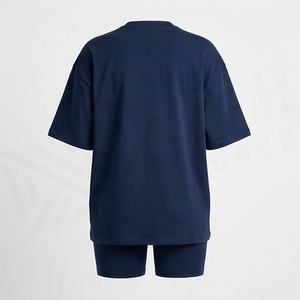 Conjunto de 2 Piezas para Mujer, Camiseta de Manga Corta Tejida Azul Marino Sólido y Pantalones Cortos por Encima de la Rodilla, Estilo Casual Holgado para Primavera/Verano - Product Image 2