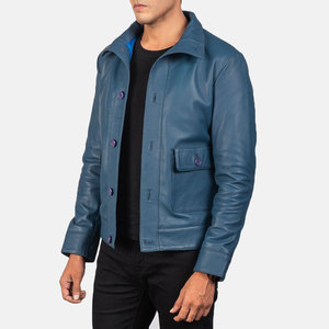 <b>Men's</b> Blue Genuine Leather <b>Jacket</b> Stand Collar Casual Regular Fit Single Breasted Button Closure Autumn Wear - Product Image 3