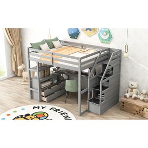 Letto a soppalco a grandezza naturale con scala contenitore grigia, scrivania, scaffali e due cassetti integrati per bambini - Product Image 4