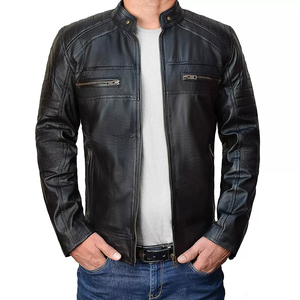 Veste en cuir de vachette noire pour homme, col montant, fermeture éclair, coupe ajustée, longueur normale, pour l'automne - Product Image 4