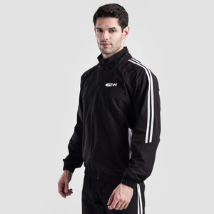 Men's Black <b>Track</b> <b>Jacket</b> with White Stripes Zipper Closure Regular Fit Elastic Waist Breathable Polyester Sportwear - Product Image 3
