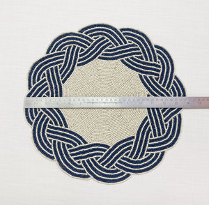Navy Blue Woven Border <b>Beaded</b> <b>Placemat</b> Scalloped White Navy Table Decor Nautical Boutique Wholesale Factory - Product Image 4