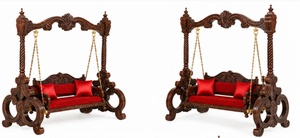 Antique Finish Solid <b>Wood</b> Indoor <b>Swing</b> for Living Room Royal Hand-Carved Teak <b>Wood</b> Indoor Jhula & Brass Chains & Red Cushioning - Product Image 2
