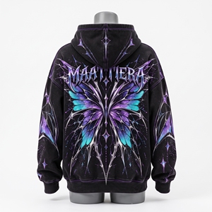 Sweat-shirt à capuche MAATTIERRA noir et violet avec motifs cosmiques abstraits, coupe oversize en polaire, style streetwear, vente en gros - Product Image 4