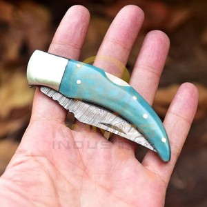 Custom Damascus Folding Pocket <b>Knife</b> with Coloured <b>Bone</b> <b>Handle</b> | Outdoor Survival Hunting EDC <b>Knife</b> Wholesale Supplier - Product Image 3