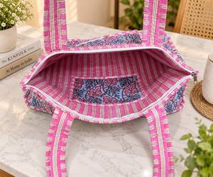 Sac fourre-tout en toile imprimé bohème avec fermeture éclair, motif floral bleu, pour femme, idéal pour le shopping toutes saisons - Product Image 3