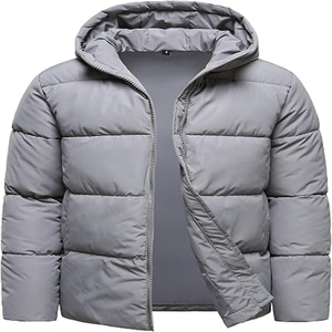 Veste matelassée à capuche pour homme, grise, coupe-vent, épaisse, en polyester, hiver, décontractée, fermeture éclair, coupe régulière, couleur unie - Product Image 3
