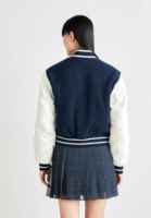 Veste universitaire bleu marine pour femme, en viscose tricotée, couleur unie, style preppy, col montant, manches courtes, coupe classique, pour l'automne