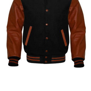 Men's Black Wool Varsity <b>Jacket</b> With Brown Leather Sleeves And Horn Buttons Casual Autumn Wear - Product Image 4
