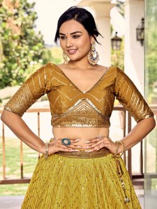 Yellow <b>Sequin</b> Embroidered Geometric Pattern V-neck Three Quarter Sleeve Polyester/Cotton Women's Traditional Lehenga Choli Set - Product Image 6
