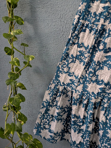 Elegant Teal Blue Floral Tiered Maxi <b>Skirt</b> for Women Handcrafted Cotton Long <b>Skirt</b> <b>with</b> Block Print Design <b>Elastic</b> <b>Waist</b> - Product Image 4