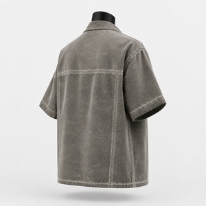 Camisa de Mezclilla Personalizada para Hombre, de Manga Corta, Oversize, Sólida, de Sarga, Casual, con Botones, de Algodón Ecológico, Ajuste Holgado, OEM ODM - Product Image 5
