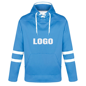 Sweat à capuche unisexe bleu pour hockey sur glace, manches longues, en polyester anti-humidité, avec logo frontal et bandes blanches - Product Image 1