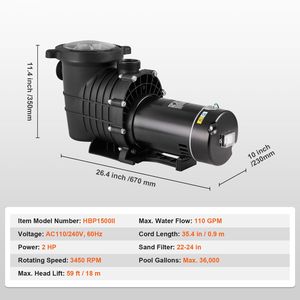 Pompe de piscine monophasée 2 CV 110 GPM 110V/240V 3450 tr/min avec hauteur de refoulement max. de 59 pi pour piscine hors sol - Product Image 3
