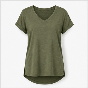 Camiseta Larga de Mujer, Cuello en V, Manga Corta, Color Verde Oliva, Modelo WTS-0015 - Product Image 1
