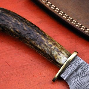 Couteau de chasse à lame fixe en acier Damas fait main, manche en bois de cerf, pointe tombante - Product Image 5