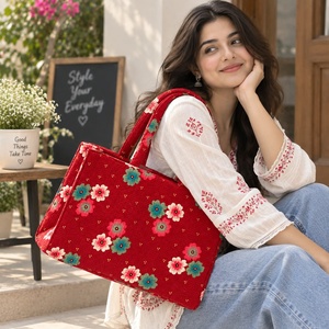 Red Floral Cotton Tote <b>Bag</b> Bohemian Style Open Top Large Capacity All Seasons Shopping <b>Bag</b> - Product Image 2